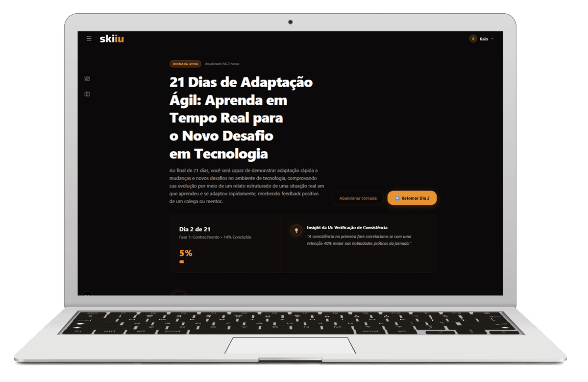 Interface do Skiiu mostrando jornada de desenvolvimento de liderança com IA adaptativa